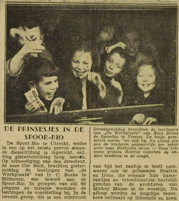 Artikel uit Utrechtsch Nieuwsblad, ‘De prinsesjes in de Spoor-Bio’, 20 november 1946, pagina 1. 