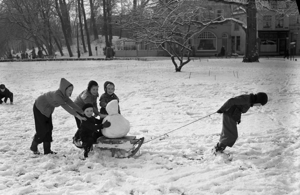 Kinderen spelen met slee in een besneeuwd park